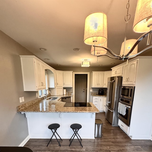 1953 S Troon Rd, Winona Lake, IN 46590 - kitchen with stainless steel appliances, a sink, a peninsula, light stone counters, and a breakfast bar