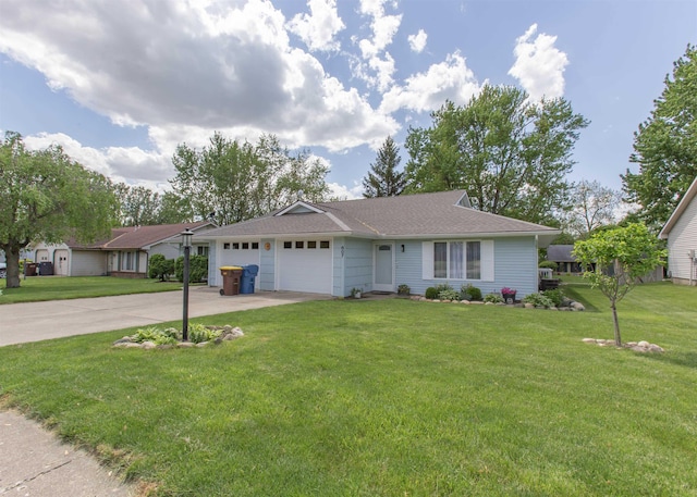 single story home featuring concrete driveway, an attached garage, a front yard, and a shingled roof