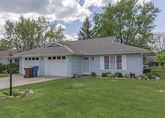 single story home with a garage, concrete driveway, a front lawn, and roof with shingles