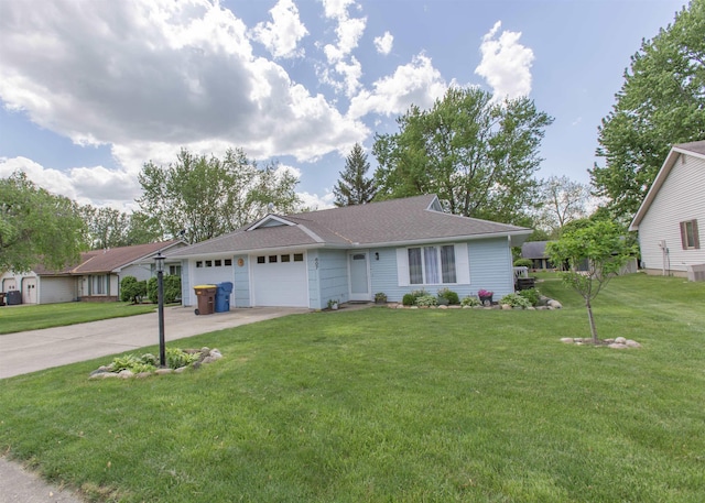 ranch-style home featuring a garage, driveway, a front lawn, and roof with shingles