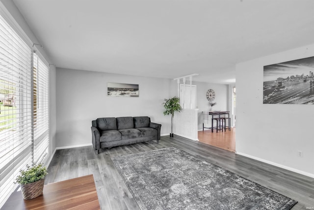 living area featuring wood finished floors and baseboards