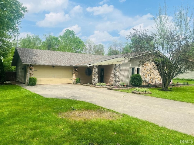 view of front of home with stone siding, a garage, a front lawn, and driveway