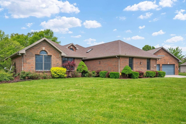 ranch-style house featuring brick siding, a front lawn, and roof with shingles