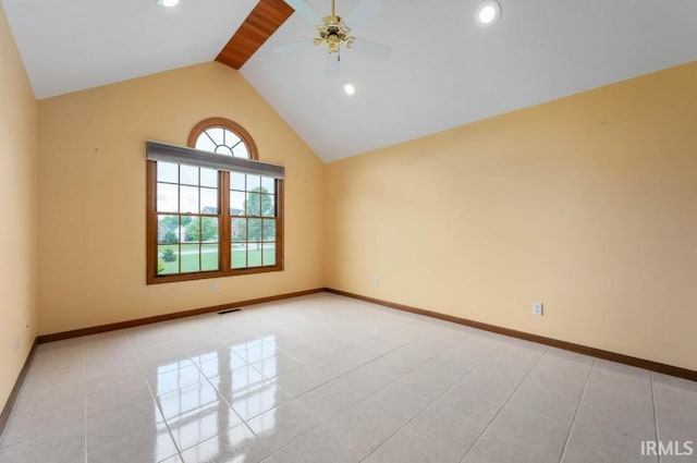 unfurnished room featuring a ceiling fan, lofted ceiling, recessed lighting, baseboards, and light tile patterned floors
