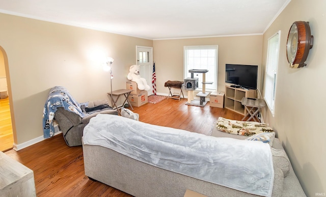 6408 Washington Ave, Evansville, IN 47715 - living room featuring ornamental molding, wood finished floors, arched walkways, and baseboards