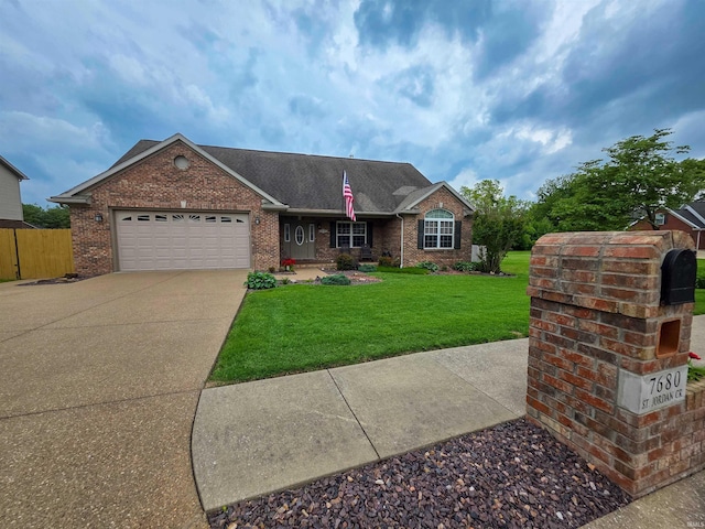 7680 Saint Jordan Cir, Newburgh, IN 47630 - ranch-style home featuring brick siding, an attached garage, concrete driveway, and a shingled roof
