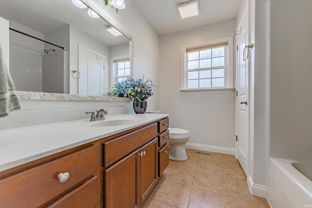 7680 Saint Jordan Cir, Newburgh, IN 47630 - full bath featuring vanity, toilet, tile patterned floors, baseboards, and shower / bath combination