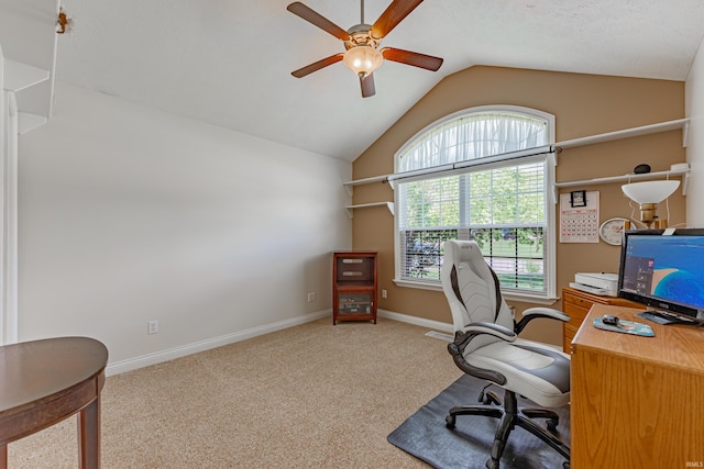 7680 Saint Jordan Cir, Newburgh, IN 47630 - home office featuring a ceiling fan, lofted ceiling, carpet flooring, and baseboards