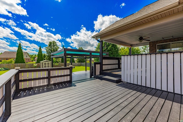 7680 Saint Jordan Cir, Newburgh, IN 47630 - wooden terrace with a fenced backyard, ceiling fan, and a gazebo