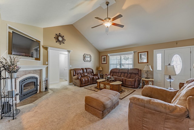 7680 Saint Jordan Cir, Newburgh, IN 47630 - living room with carpet, a ceiling fan, a fireplace, and high vaulted ceiling