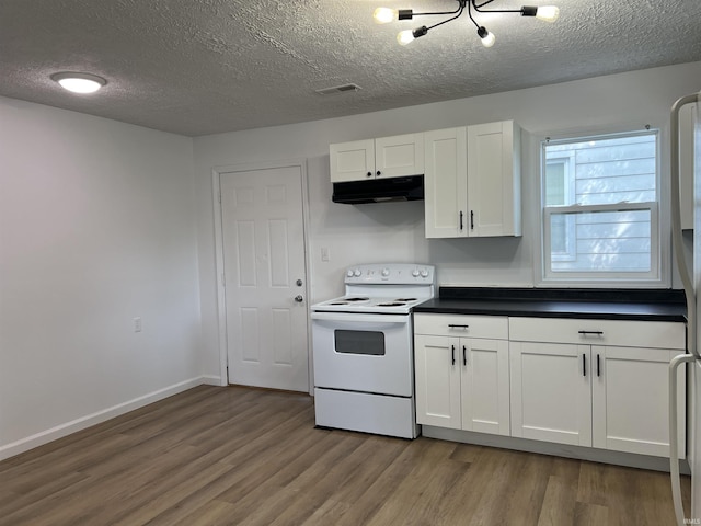 2108 W Memorial Dr, Muncie, IN 47302 - kitchen featuring white range with electric cooktop, under cabinet range hood, wood finished floors, a textured ceiling, and white cabinetry