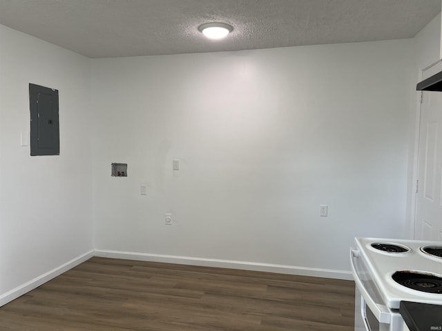 2108 W Memorial Dr, Muncie, IN 47302 - kitchen featuring electric panel, dark wood finished floors, white electric stove, baseboards, and a textured ceiling