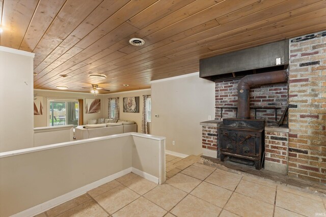 114 S Grand St, Lakeville, IN 46536 - kitchen featuring tile patterned flooring, wood ceiling, a wood stove, and a ceiling fan