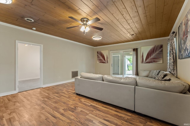 114 S Grand St, Lakeville, IN 46536 - living room featuring wood ceiling, ornamental molding, a ceiling fan, wood finished floors, and baseboards