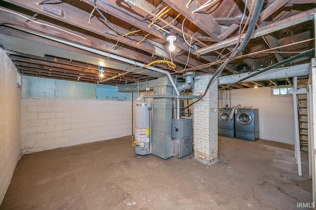 unfinished below grade area with water heater and washing machine and dryer