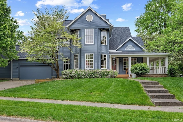 victorian-style house featuring covered porch, a front yard, driveway, and roof with shingles