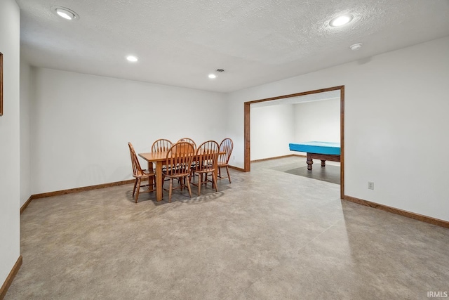 dining room featuring billiards table, baseboards, recessed lighting, and a textured ceiling