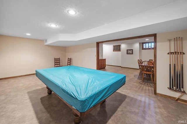 game room featuring a textured ceiling, billiards, carpet flooring, baseboards, and recessed lighting