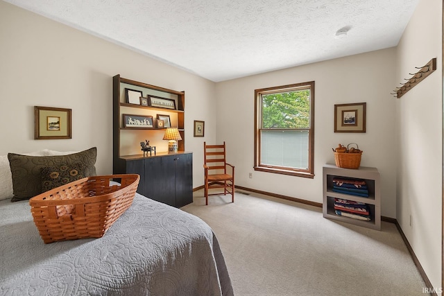 carpeted bedroom with baseboards and a textured ceiling