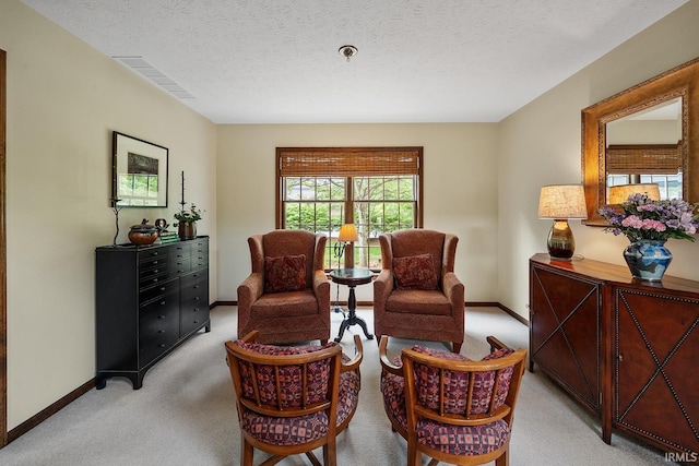 sitting room with light colored carpet, baseboards, and a textured ceiling