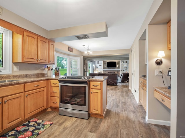 4904 Live Oak Ct, Fort Wayne, IN 46804 - kitchen with stainless steel gas stove, a peninsula, light wood finished floors, and open floor plan