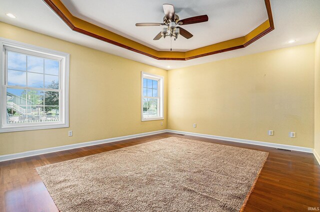 53 Ems C29 Ln, Warsaw, IN 46582 - empty room with a raised ceiling, ceiling fan, baseboards, dark wood-style flooring, and recessed lighting