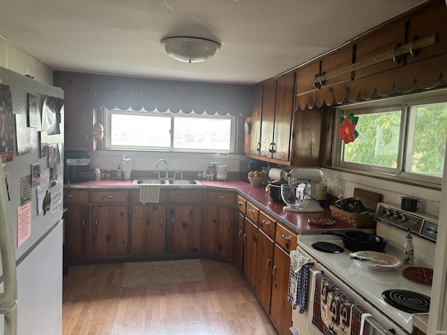 504 N Myra St, Worthington, IN 47471 - kitchen featuring freestanding refrigerator, range, a sink, light wood finished floors, and dark countertops