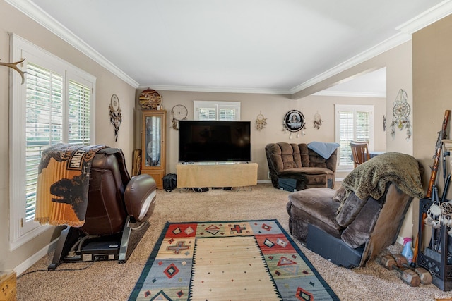living room with carpet floors, crown molding, and baseboards