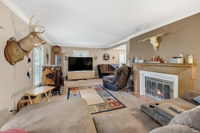 living area featuring ornamental molding, healthy amount of natural light, and a glass covered fireplace