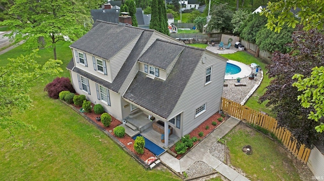 view from above of property featuring a pool