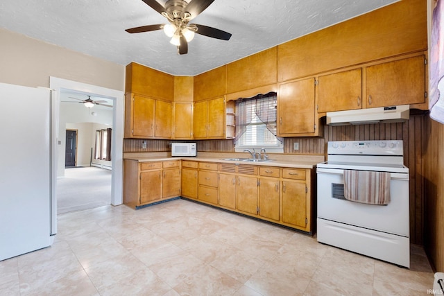 217 S Hamsher St, Garrett, IN 46738 - kitchen featuring under cabinet range hood, white appliances, ceiling fan, a sink, and light countertops