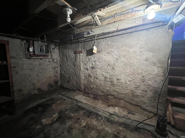 unfinished below grade area with electric panel