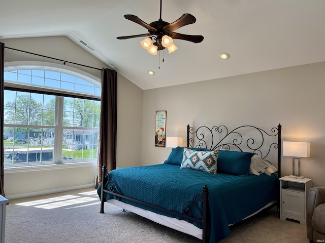 1620 Colonial Dr, Rochester, IN 46975 - carpeted bedroom featuring vaulted ceiling, baseboards, recessed lighting, and ceiling fan