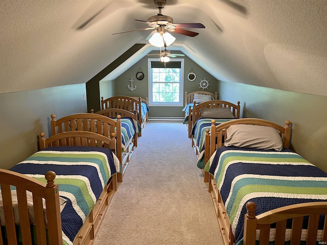 1620 Colonial Dr, Rochester, IN 46975 - bedroom with a textured ceiling, carpet floors, a baseboard heating unit, lofted ceiling, and a ceiling fan