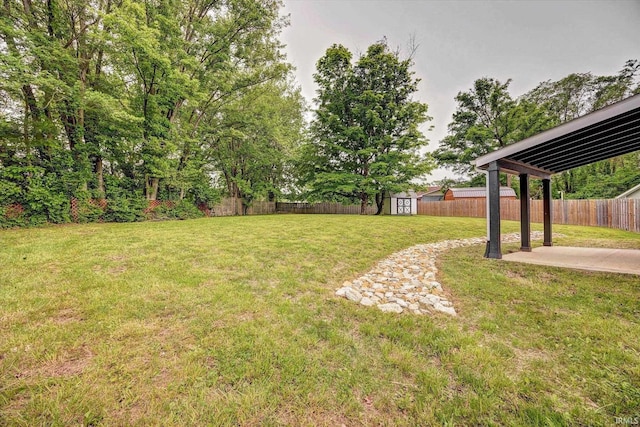 7215 W Mustang Dr, Ellettsville, IN 47429 - view of yard featuring a shed, a patio area, and an outbuilding