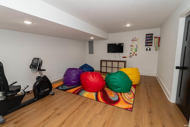 30512 Jaxon Dr, Elkhart, IN 46517 - recreation room with wood finished floors, baseboards, recessed lighting, and electric panel