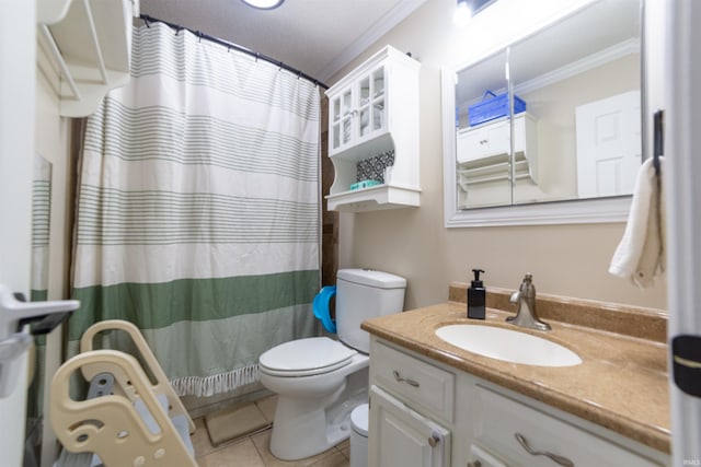 6330 Gardner Rd, Chandler, IN 47610 - full bathroom with crown molding, toilet, tile patterned floors, vanity, and curtained shower