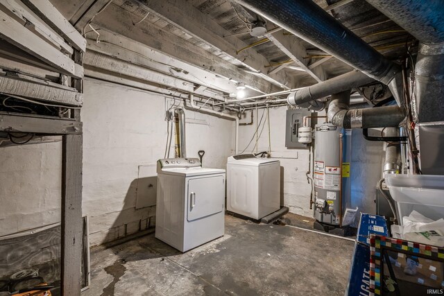 unfinished basement featuring gas water heater, washing machine and dryer, and electric panel