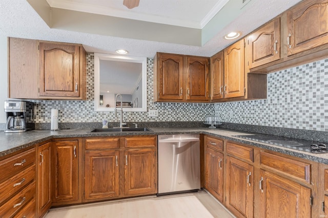 7860 Cedar Ridge Dr, Evansville, IN 47715 - kitchen with stainless steel dishwasher, black electric stovetop, ornamental molding, a sink, and dark countertops