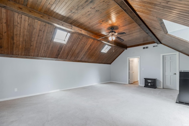 7860 Cedar Ridge Dr, Evansville, IN 47715 - additional living space with a skylight, ceiling fan, light carpet, baseboards, and wooden ceiling