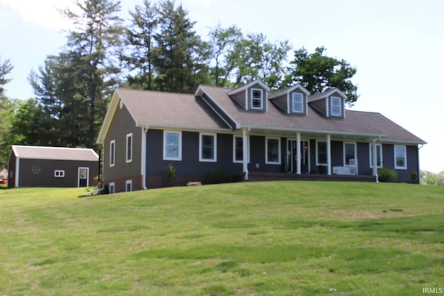 cape cod house with a front lawn and a porch
