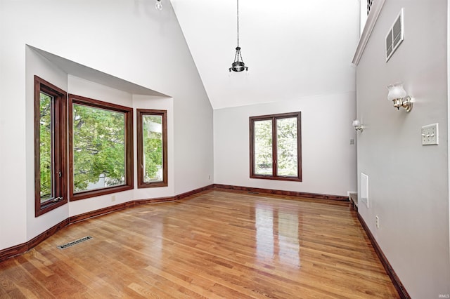 4302 Kessler Blvd N Drive, Indianapolis, IN 46220 - spare room featuring light wood-type flooring, baseboards, and high vaulted ceiling