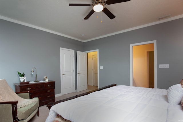 224 Aqueduct Cir, West Lafayette, IN 47906 - bedroom featuring crown molding, a ceiling fan, and light carpet