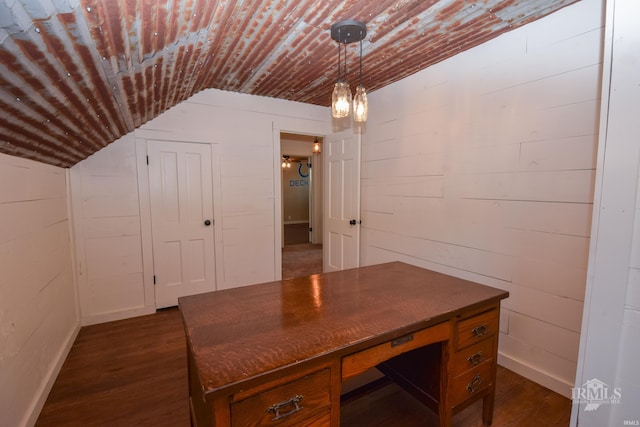 1809 E Royerton Rd, Muncie, IN 47303 - unfurnished office featuring vaulted ceiling, dark wood-type flooring, and baseboards