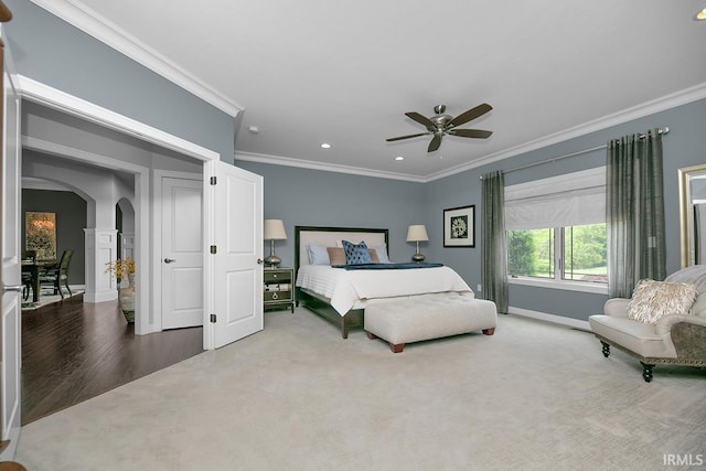 19861 County Road 16, Bristol, IN 46507 - bedroom featuring arched walkways, ornamental molding, baseboards, recessed lighting, and ceiling fan