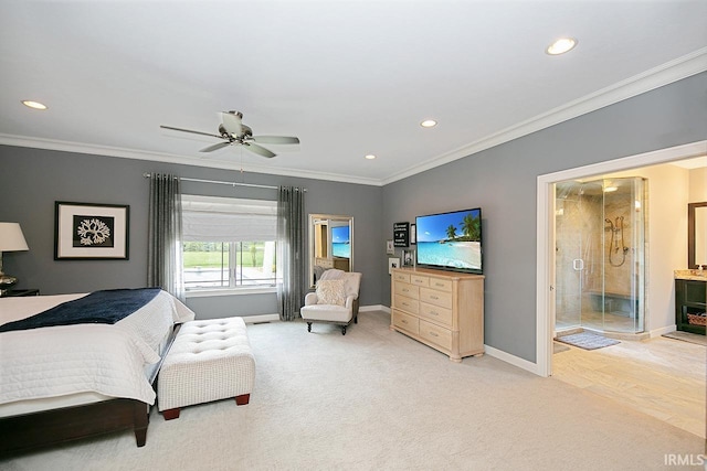 19861 County Road 16, Bristol, IN 46507 - bedroom with recessed lighting, light carpet, baseboards, ornamental molding, and a ceiling fan