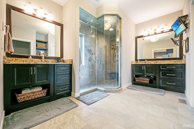 19861 County Road 16, Bristol, IN 46507 - bathroom with a shower stall, baseboards, vanity, and marble finish flooring