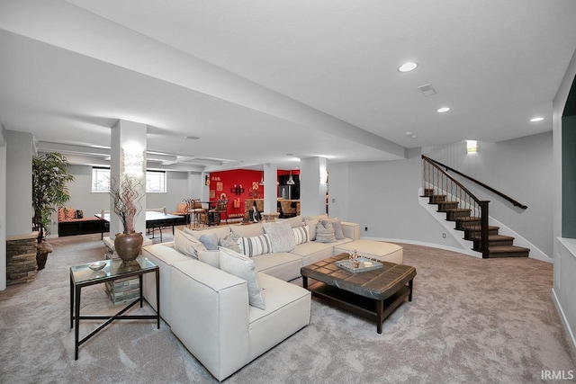 19861 County Road 16, Bristol, IN 46507 - living room with carpet flooring, stairs, recessed lighting, and baseboards