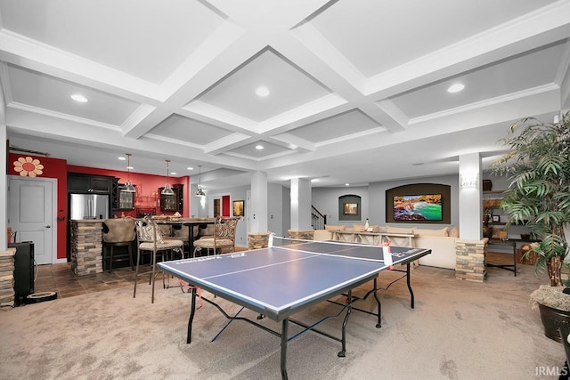 19861 County Road 16, Bristol, IN 46507 - playroom featuring light colored carpet, coffered ceiling, bar with sink, beam ceiling, and recessed lighting
