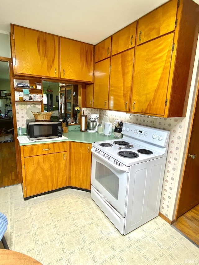 260 W Prairie St, Lyons, IN 47443 - kitchen featuring electric range, black microwave, brown cabinetry, and light countertops